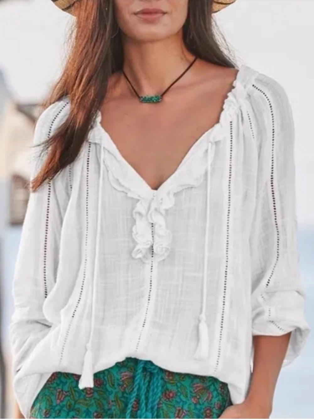 Sundance Lightweight Boho Women's White Peasant Blouse Pull Ribbon Neckline SM
